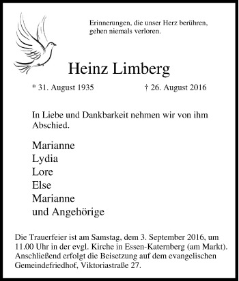 Traueranzeigen Von Heinz Limberg Trauer In Nrw De