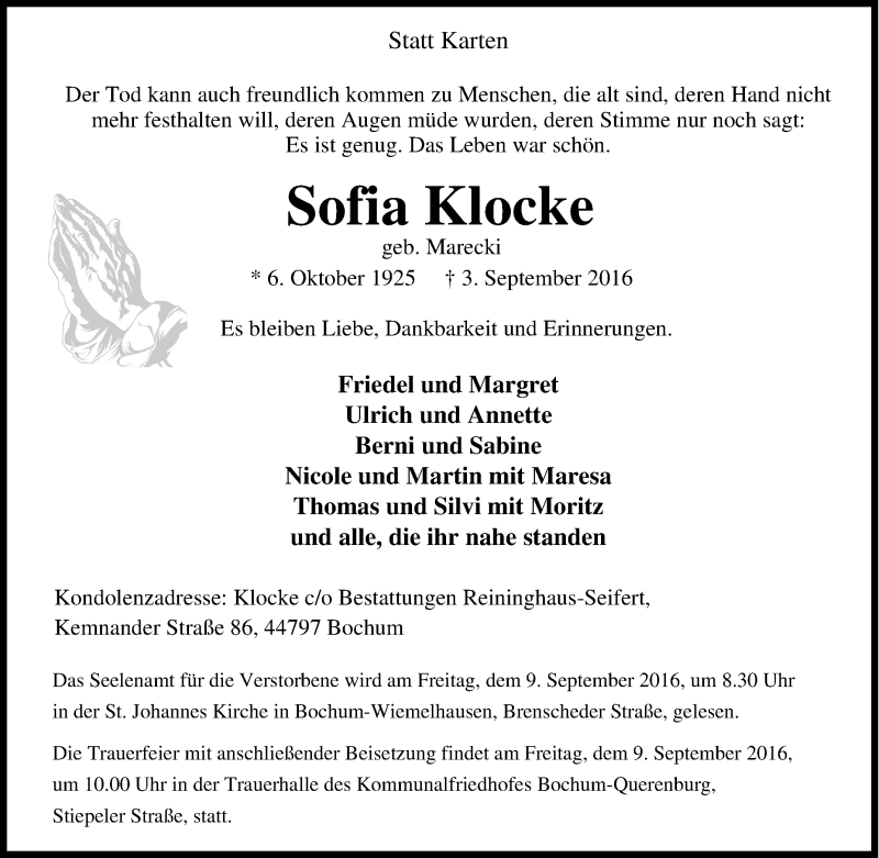 Traueranzeigen Von Sofia Klocke Trauer In NRW De