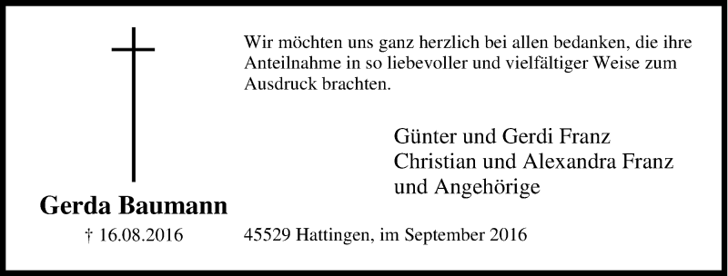 Traueranzeigen Von Gerda Baumann Trauer In Nrw De