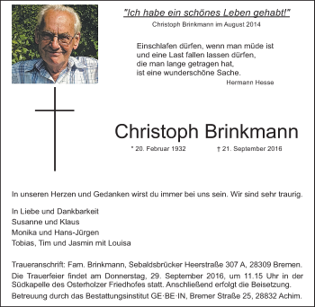 Traueranzeigen Von Christoph Brinkmann Trauer In Nrw De