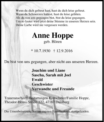 Traueranzeigen Von Anne Hoppe Trauer In NRW De