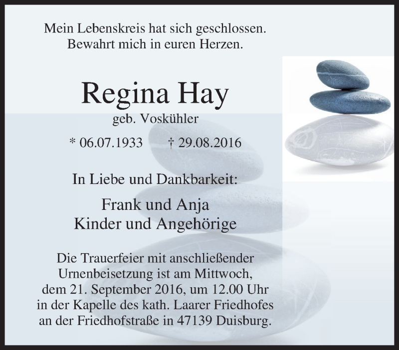 Traueranzeigen Von Regina Hay Trauer In Nrw De