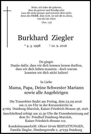 Traueranzeigen Von Burkhard Ziegler Trauer In Nrw De