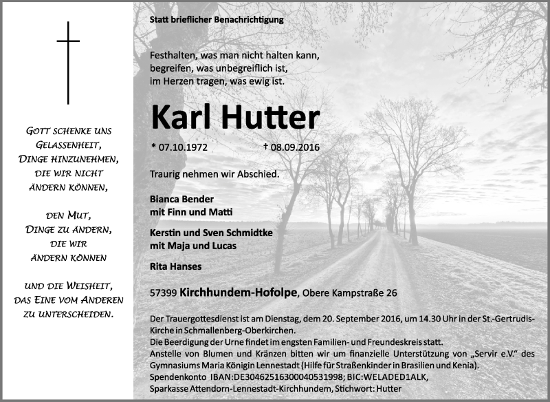 Traueranzeigen Von Karl Hutter Trauer In NRW De