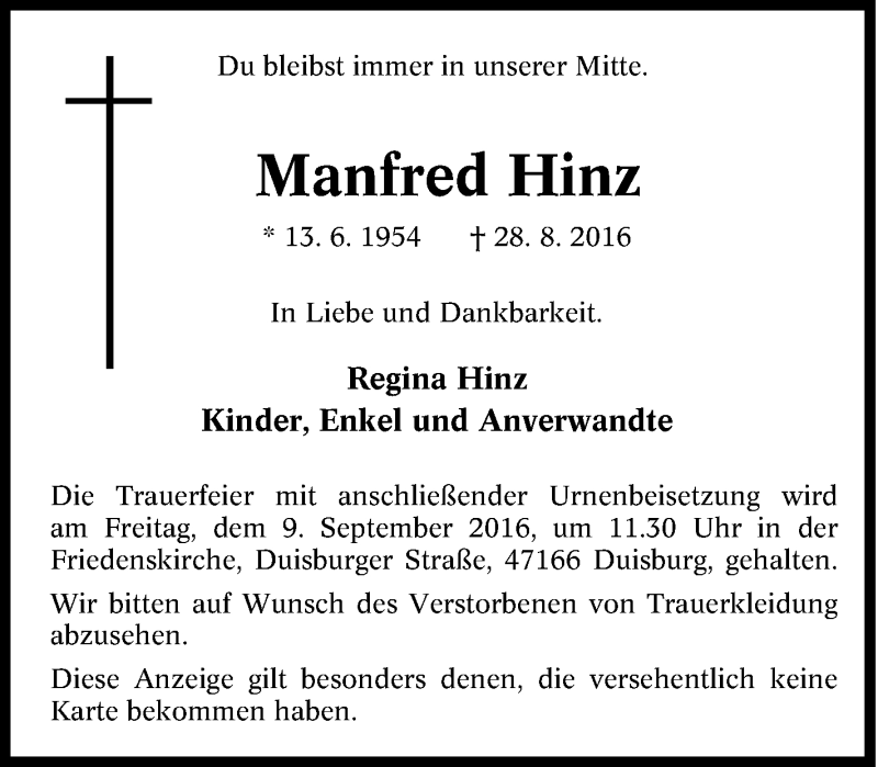 Traueranzeigen Von Manfred Hinz Trauer In Nrw De