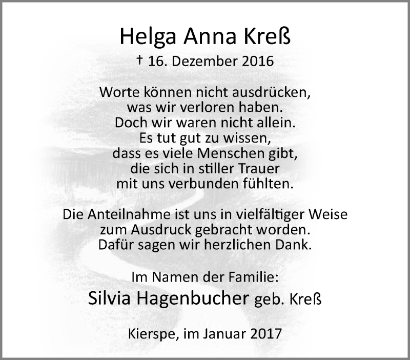 Traueranzeigen Von Helga Anna Kre Trauer In Nrw De