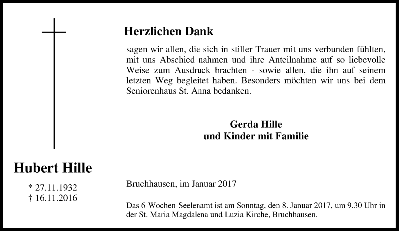 Traueranzeigen Von Hubert Hille Trauer In Nrw De