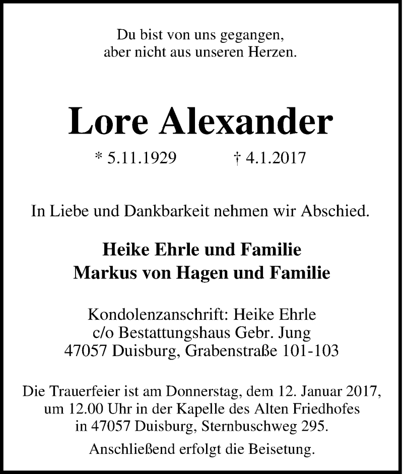 Traueranzeigen Von Lore Alexander Trauer In NRW De