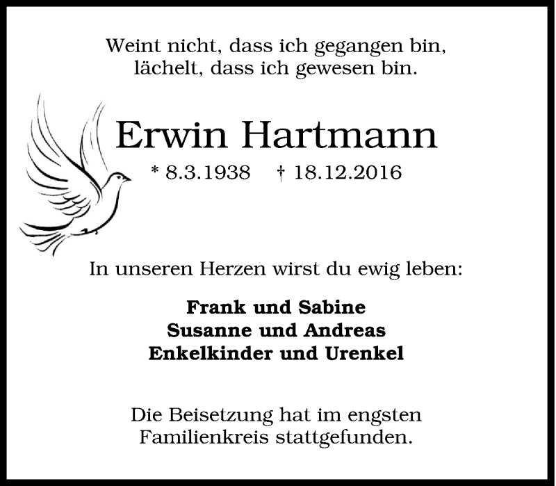 Traueranzeigen Von Erwin Hartmann Trauer In Nrw De