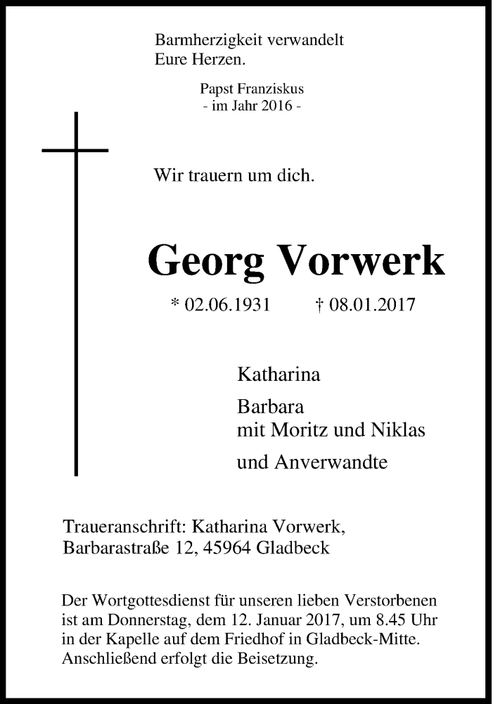 Traueranzeigen Von Georg Vorwerk Trauer In Nrw De