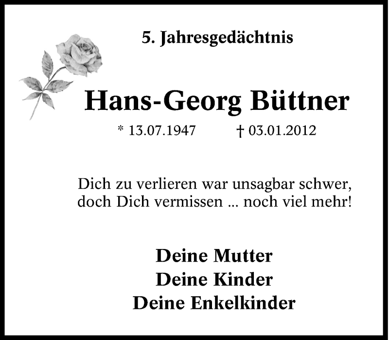 Traueranzeigen Von Hans Georg B Ttner Trauer In Nrw De