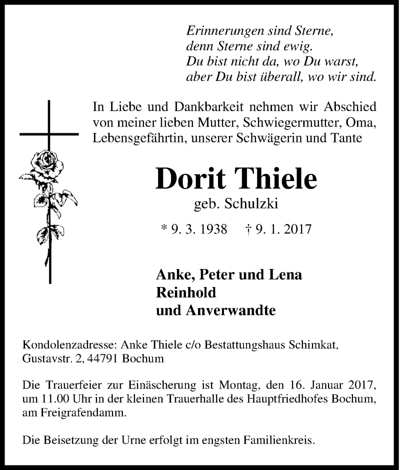 Traueranzeigen Von Dorit Thiele Trauer In Nrw De