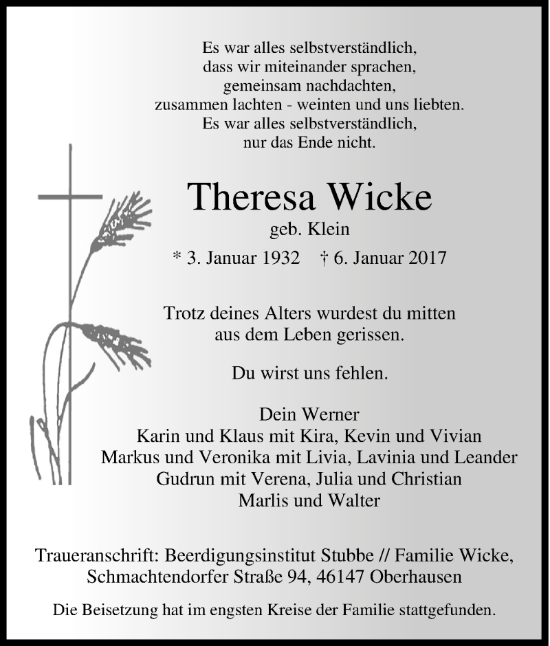 Traueranzeigen Von Theresa Wicke Trauer In NRW De