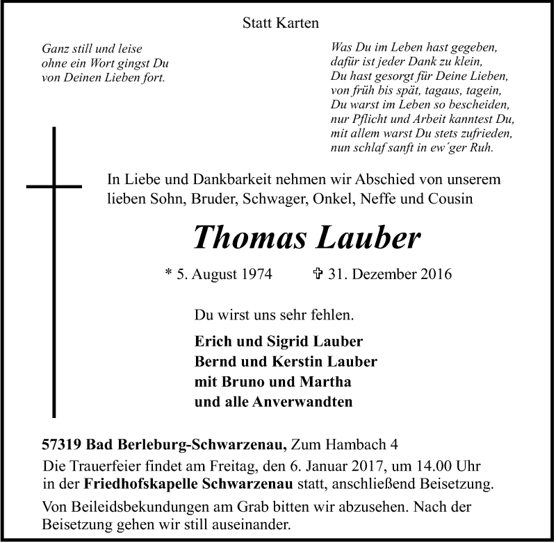 Traueranzeigen Von Thomas Lauber Trauer In Nrw De