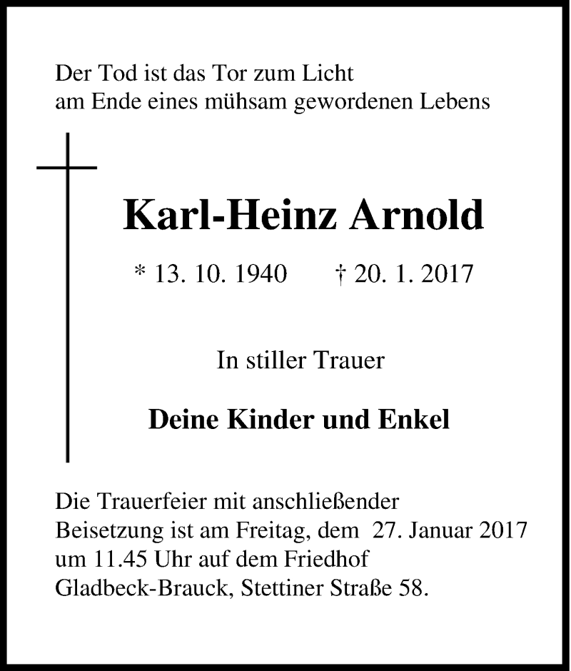 Traueranzeigen Von Karl Heinz Arnold Trauer In Nrw De