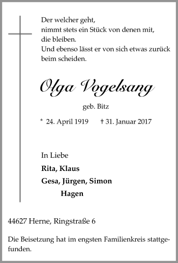 Traueranzeigen Von Olga Vogelsang Trauer In NRW De