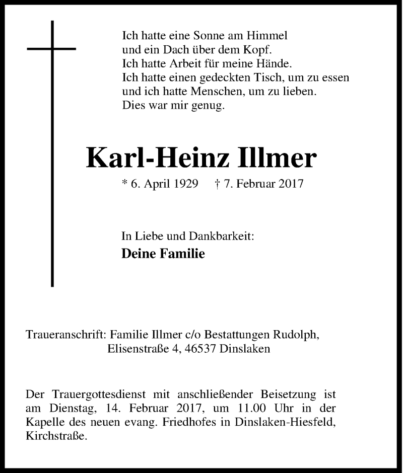 Traueranzeigen Von Karl Heinz Illmer Trauer In Nrw De