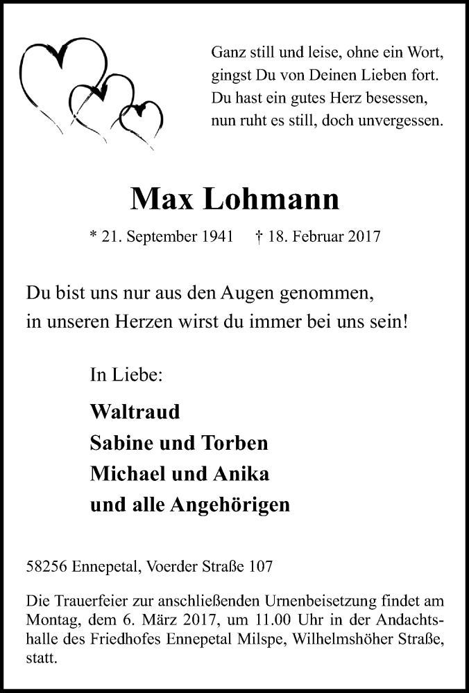 Traueranzeigen Von Max Lohmann Trauer In Nrw De