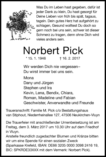 Traueranzeigen Von Norbert Pick Trauer In NRW De