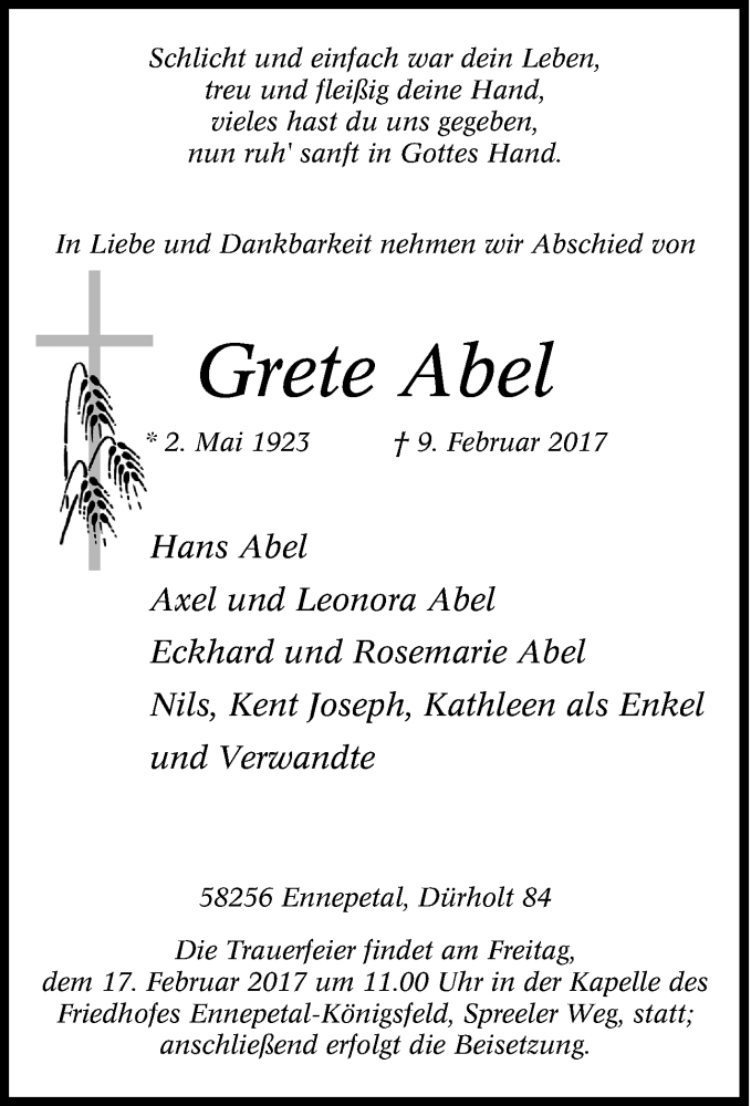 Traueranzeigen Von Grete Abel Trauer In NRW De