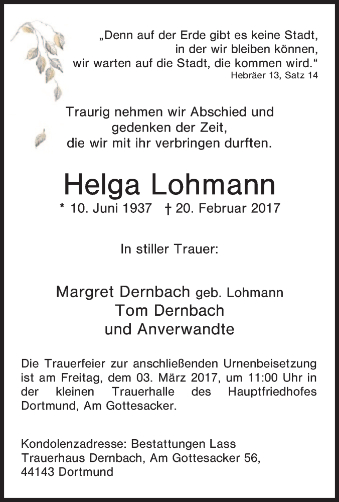 Traueranzeigen Von Helga Lohmann Trauer In NRW De