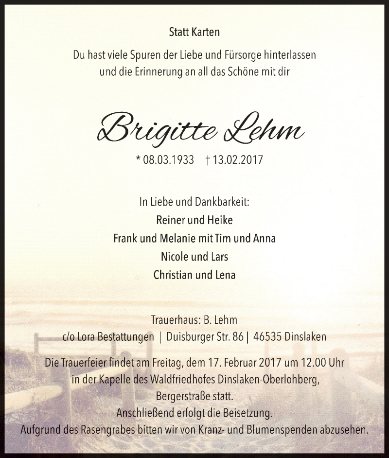 Traueranzeigen Von Brigitte Lehm Trauer In Nrw De