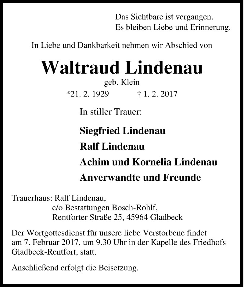 Traueranzeigen Von Waltraud Lindenau Trauer In Nrw De