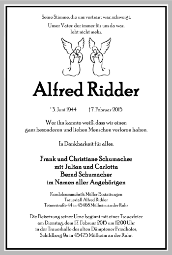 Traueranzeige von Alfred Ridder von WVW Anzeigenblätter