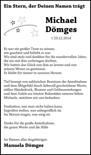 Traueranzeige von Michael Dömges von WVW Anzeigenblätter