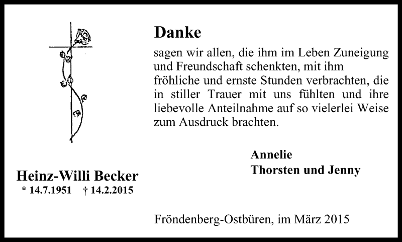  Traueranzeige für Heinz-Willi Becker vom 21.03.2015 aus Stadtspiegel Menden + Froendenberg