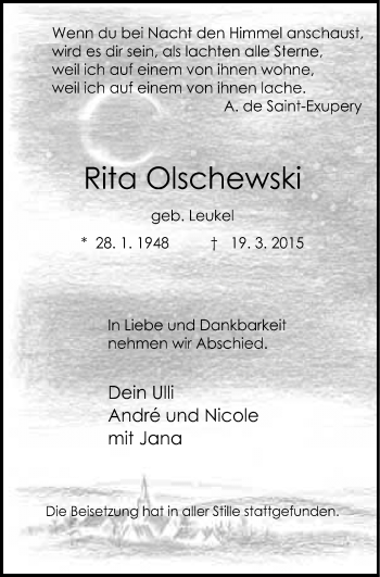 Traueranzeige von Rita Olschewski von WVW Anzeigenblätter