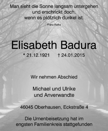 Traueranzeige von Elisabeth Badura von Stadtspiegel Essen
