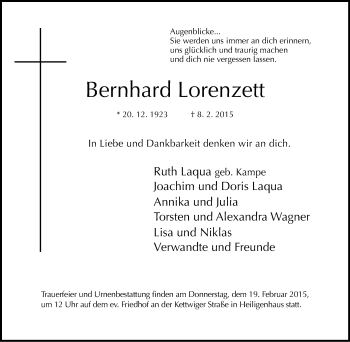 Traueranzeige von Bernhard Lorenzett von Stadtanzeiger Velbert + Heiligenhaus