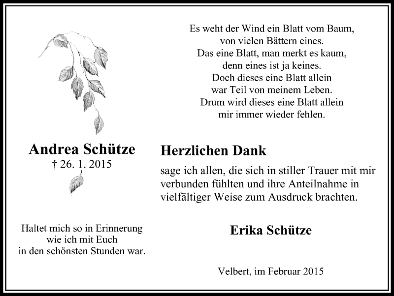 Traueranzeige für Andrea Schütze vom 28.02.2015 aus Stadtanzeiger Velbert + Heiligenhaus