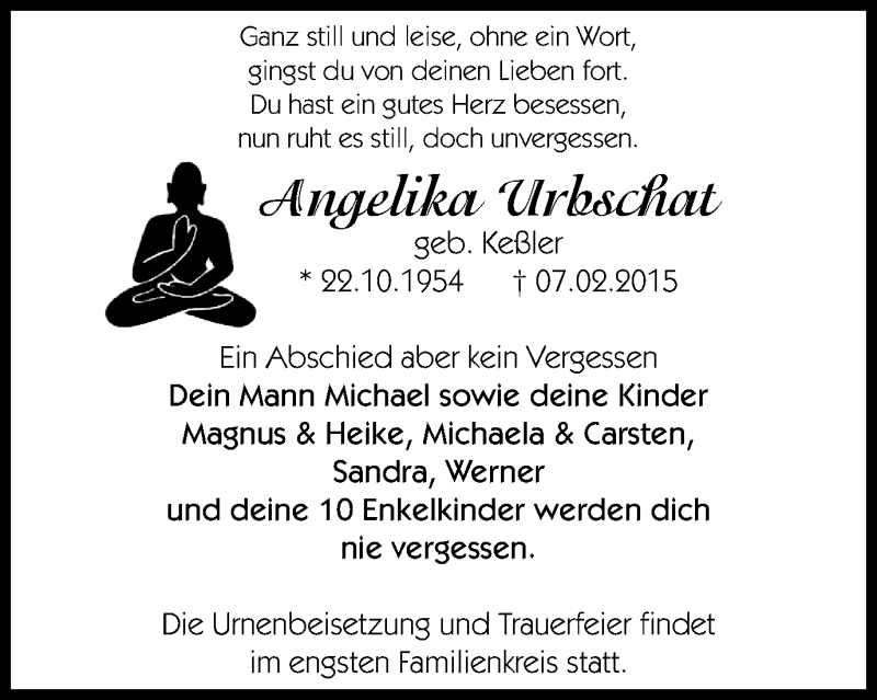  Traueranzeige für Angelika Urbschat vom 14.02.2015 aus WVW Anzeigenblätter
