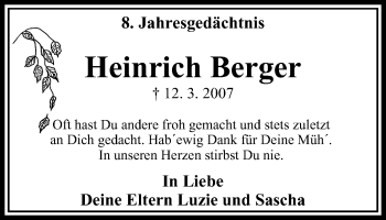 Traueranzeige von Heinrich Berger von Stadtanzeiger Velbert + Heiligenhaus