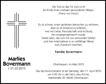 Traueranzeige von Marlies Bovermann von Wochen-Anzeiger Oberhausen