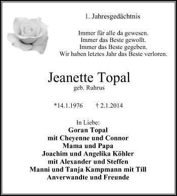 Traueranzeige von Jeanette Topal von WVW Anzeigenblätter