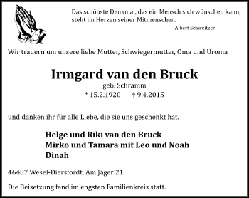 Traueranzeige von Irmgard van den Bruck von Der Weseler + Der Xantener