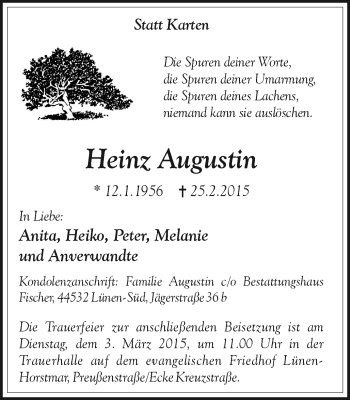 Traueranzeige von Heinz Augustin von Lüner Anzeiger