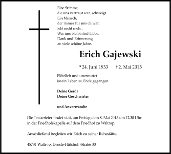 Traueranzeige von Erich Gajewski von Stadtanz.Castrop-Rauxel