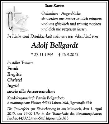 Traueranzeige von Adolf Bellgardt von WVW Anzeigenblätter
