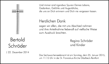Traueranzeige von Bertold Schröder von Stadtspiegel Gladbeck