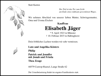 Traueranzeige von Elisabeth Jäger von WVW Anzeigenblätter