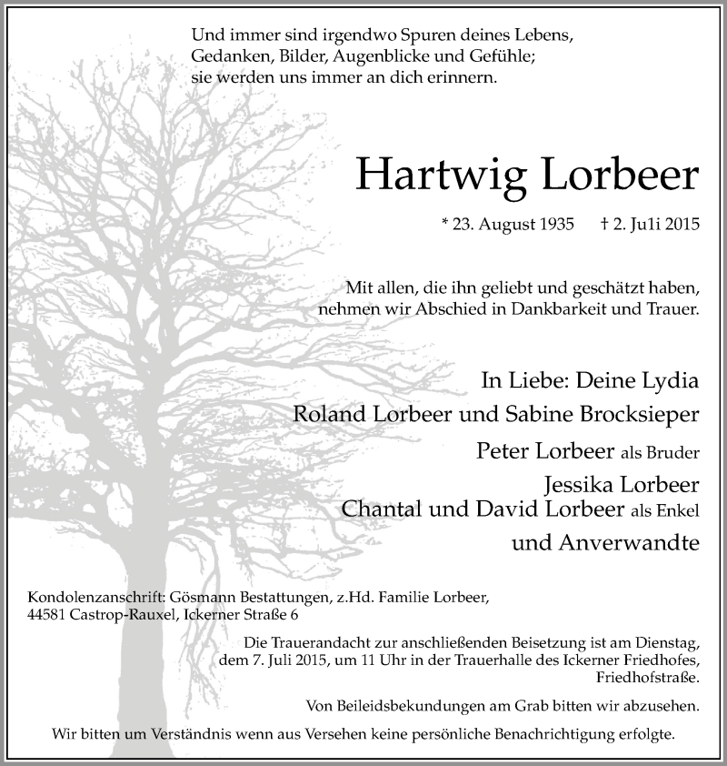  Traueranzeige für Hartwig Lorbeer vom 04.07.2015 aus Stadtanz.Castrop-Rauxel