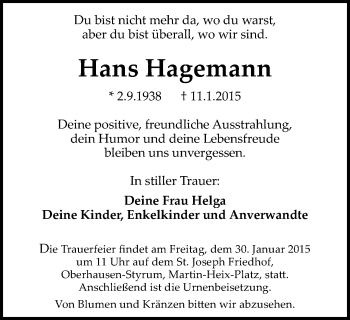 Traueranzeige von Hans Hagemann von Wochen-Anzeiger Oberhausen