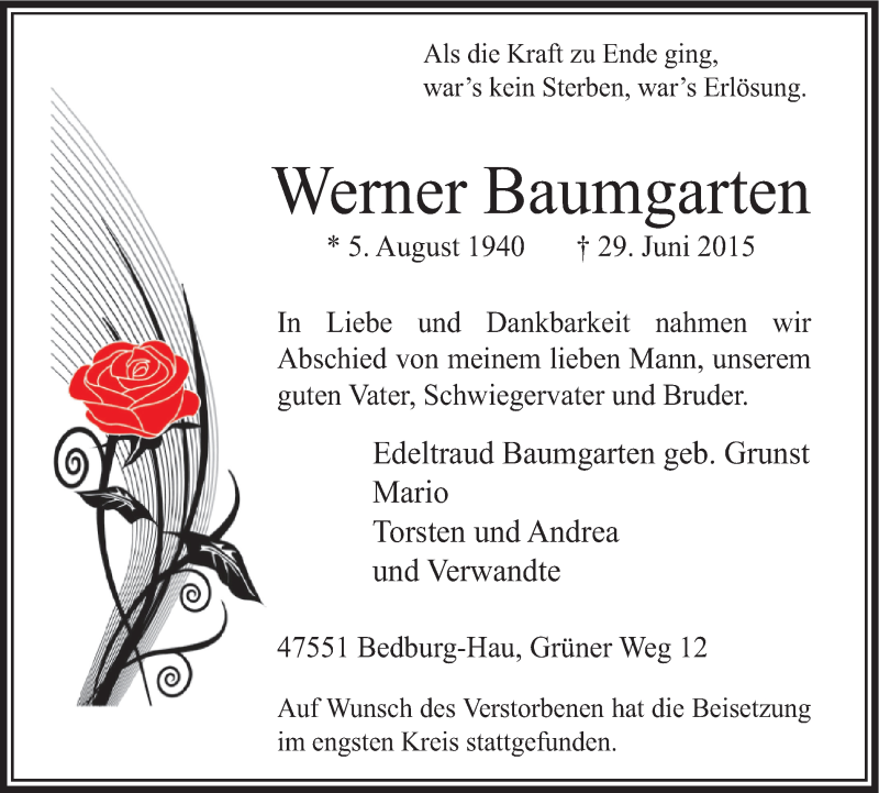  Traueranzeige für Werner Baumgarten vom 04.07.2015 aus Klever Wochenblatt