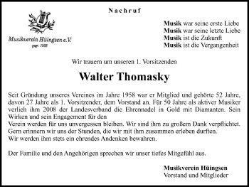 Traueranzeige von Walter Thomasky von Stadtspiegel Menden + Froendenberg