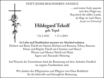 Traueranzeige von Hildegard Tekolf von Stadtanzeiger Emmerich/Rees/Isselburg