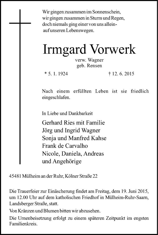  Traueranzeige für Irmgard Vorwerk vom 17.06.2015 aus Mülheimer Woche